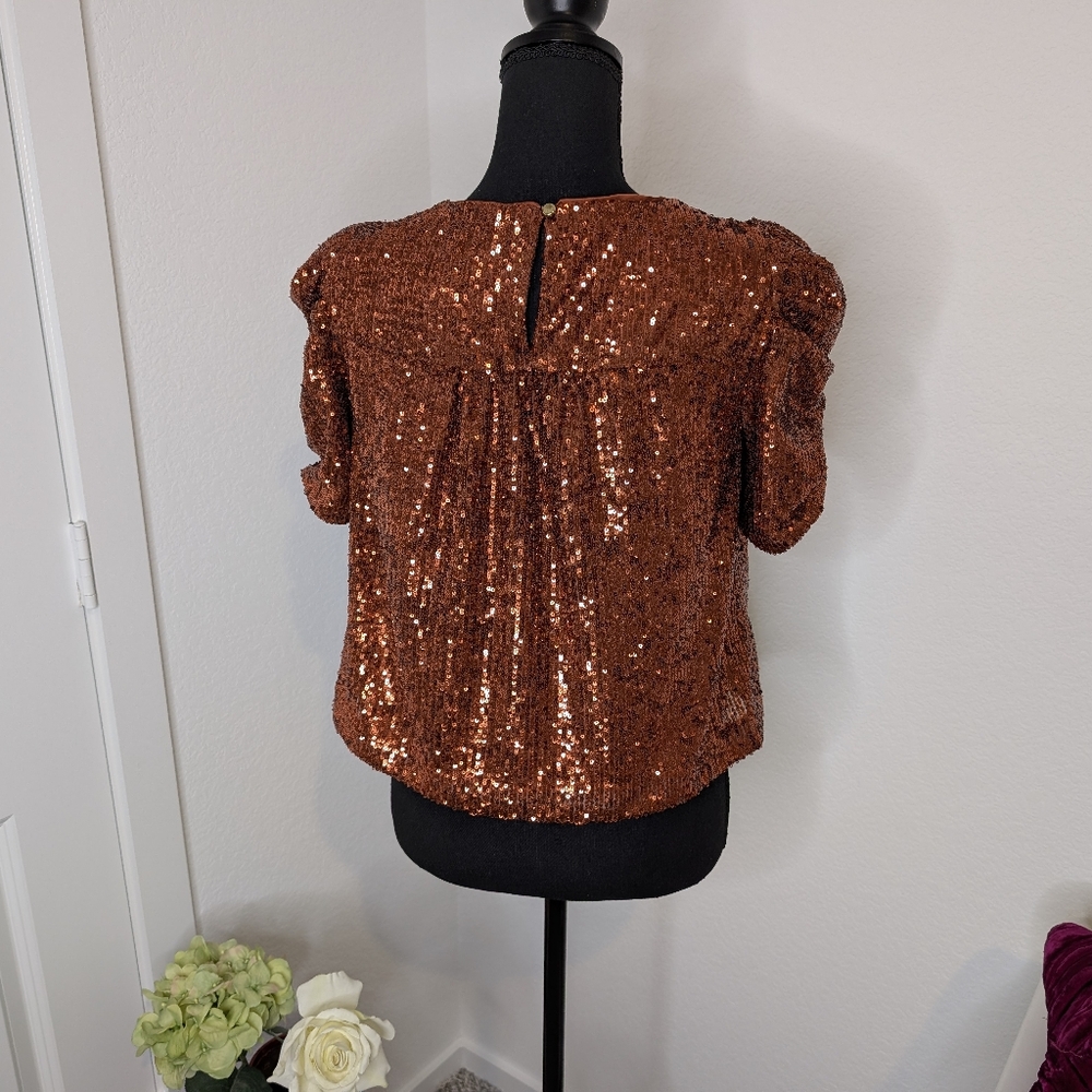 💘 NWT By Anthropologie Marie Sequined Blouse Copper Orange Sequin Puff Sleeve - Picture 7 of 10